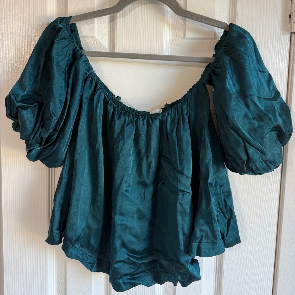 URBAN OUTFITTERS Bubble Sleeve Top Off The Shoulder Teal Green Satin Blouse S